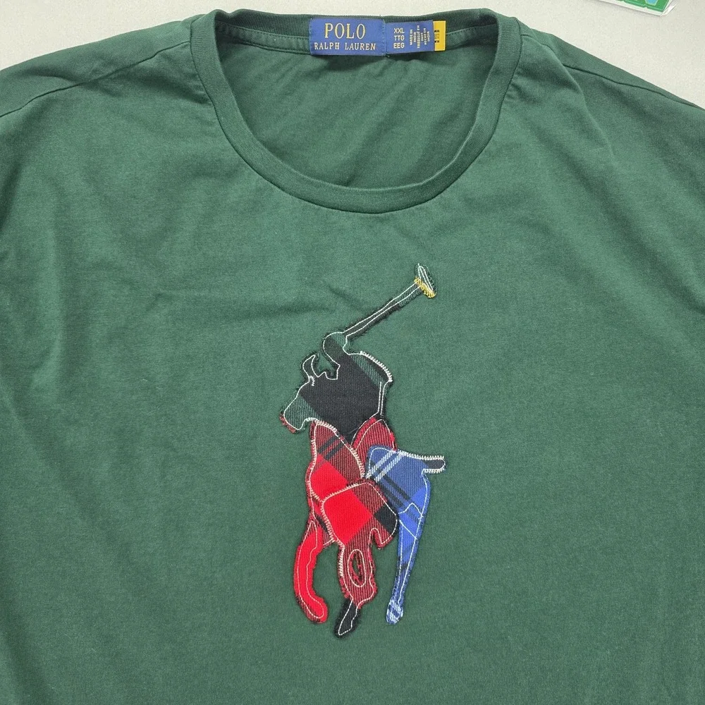 Polo Ralph Lauren Mens XXL Green Plaid Patchwork Big Pony Long Sleeve T-Shirt